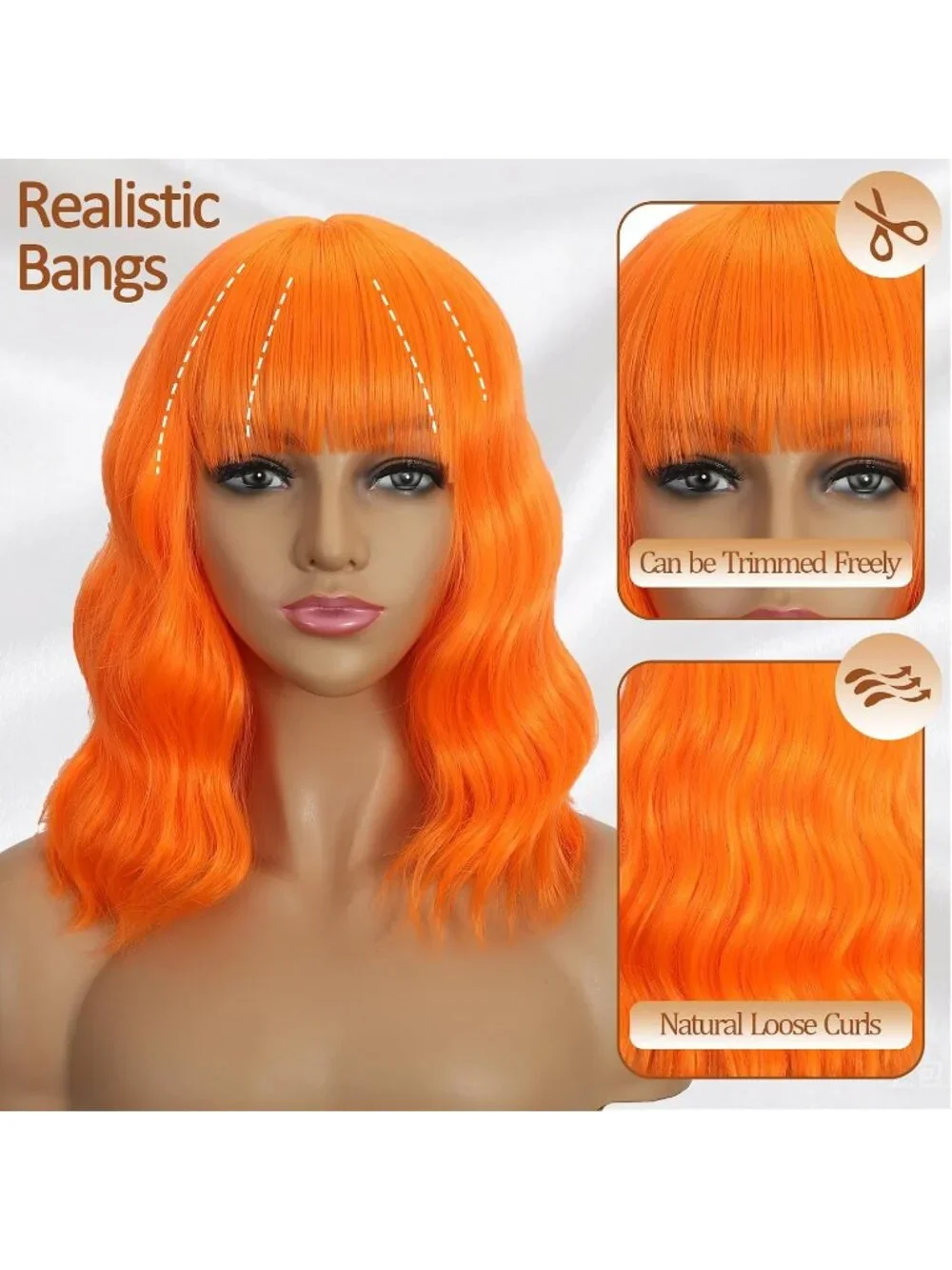 Women's Pink 14 Inch Heat Resistant Synthetic Short Wavy Bob Wigs Bangs